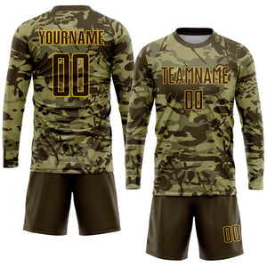 Custom Camo Brown-Gold Sublimation Salute To Service Soccer Uniform Jersey