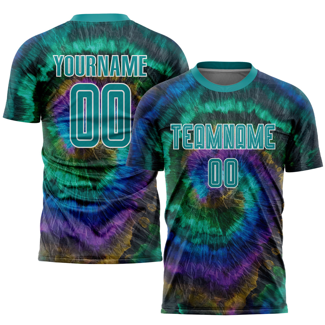 Custom Tie Dye Teal-White Sublimation Soccer Uniform Jersey