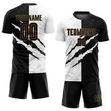 Load image into Gallery viewer, Custom Graffiti Pattern Black-Old Gold Sublimation Soccer Uniform Jersey
