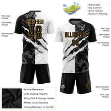 Load image into Gallery viewer, Custom Graffiti Pattern Black-Old Gold Sublimation Soccer Uniform Jersey
