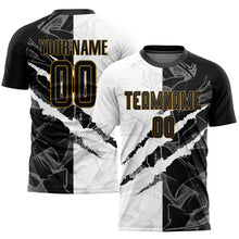 Load image into Gallery viewer, Custom Graffiti Pattern Black-Old Gold Scratch Sublimation Soccer Uniform Jersey
