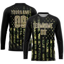 Load image into Gallery viewer, Custom Camo Vegas Gold-Black American Flag Fashion Sublimation Salute To Service Soccer Uniform Jersey
