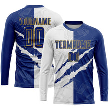 Load image into Gallery viewer, Custom Graffiti Pattern Royal White-Old Gold Sublimation Soccer Uniform Jersey
