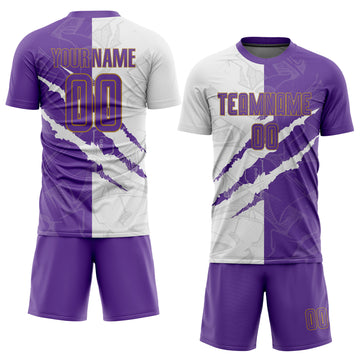 Custom Graffiti Pattern Purple White-Old Gold Sublimation Soccer Uniform Jersey