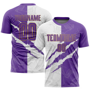 Custom Graffiti Pattern Purple White-Old Gold Sublimation Soccer Uniform Jersey