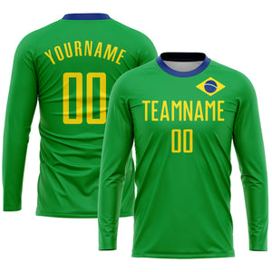 Custom Neon Green Gold-Royal Sublimation Brazilian Flag Soccer Uniform Jersey