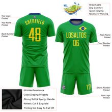 Load image into Gallery viewer, Custom Neon Green Gold-Royal Sublimation Brazilian Flag Soccer Uniform Jersey
