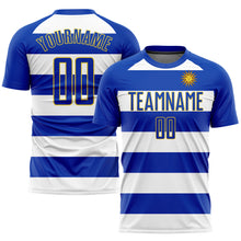Load image into Gallery viewer, Custom White Royal-Gold Sublimation Uruguayan Flag Soccer Uniform Jersey
