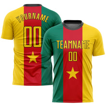 Load image into Gallery viewer, Custom Kelly Green Gold Red-Black Sublimation Cameroonian Flag Soccer Uniform Jersey
