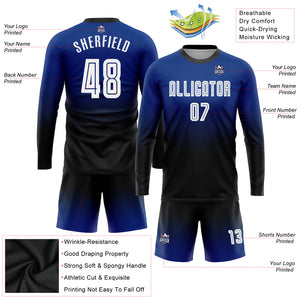 Custom Royal White-Black Sublimation Long Sleeve Fade Fashion Soccer Uniform Jersey