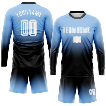 Custom Light Blue White-Black Sublimation Long Sleeve Fade Fashion Soccer Uniform Jersey