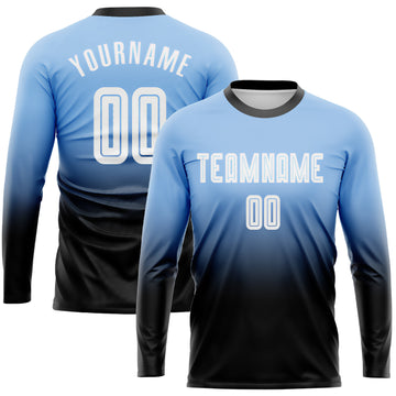 Custom Light Blue White-Black Sublimation Long Sleeve Fade Fashion Soccer Uniform Jersey