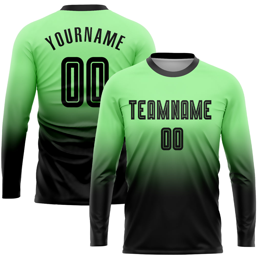 Custom Pea Green Black Sublimation Long Sleeve Fade Fashion Soccer Uniform Jersey