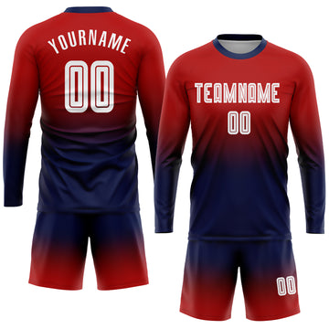 Custom Red White-Navy Sublimation Long Sleeve Fade Fashion Soccer Uniform Jersey