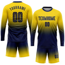 Load image into Gallery viewer, Custom Gold Navy Sublimation Long Sleeve Fade Fashion Soccer Uniform Jersey
