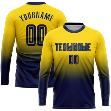 Custom Gold Navy Sublimation Long Sleeve Fade Fashion Soccer Uniform Jersey