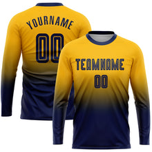 Load image into Gallery viewer, Custom Gold Navy Sublimation Long Sleeve Fade Fashion Soccer Uniform Jersey
