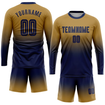 Custom Old Gold Navy Sublimation Long Sleeve Fade Fashion Soccer Uniform Jersey