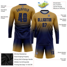 Load image into Gallery viewer, Custom Old Gold Navy Sublimation Long Sleeve Fade Fashion Soccer Uniform Jersey
