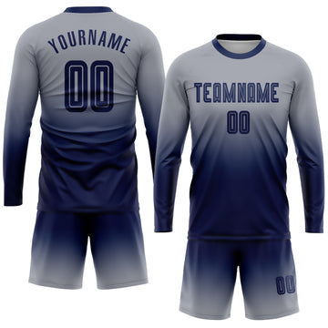 Custom Gray Navy Sublimation Long Sleeve Fade Fashion Soccer Uniform Jersey