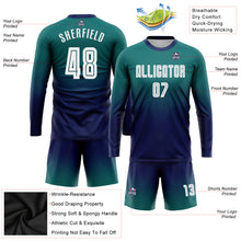 Load image into Gallery viewer, Custom Teal White-Navy Sublimation Long Sleeve Fade Fashion Soccer Uniform Jersey

