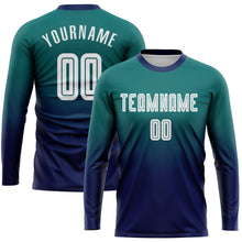 Load image into Gallery viewer, Custom Teal White-Navy Sublimation Long Sleeve Fade Fashion Soccer Uniform Jersey
