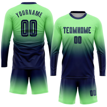 Custom Pea Green Navy Sublimation Long Sleeve Fade Fashion Soccer Uniform Jersey