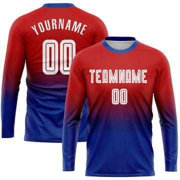 Custom Red White-Royal Sublimation Long Sleeve Fade Fashion Soccer Uniform Jersey