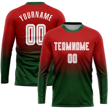 Custom Red White-Green Sublimation Long Sleeve Fade Fashion Soccer Uniform Jersey