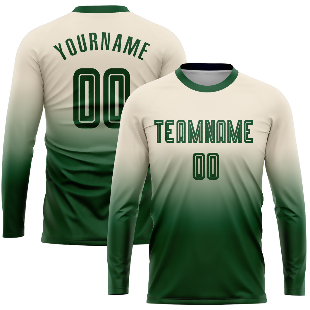 Custom Cream Green Sublimation Long Sleeve Fade Fashion Soccer Uniform Jersey