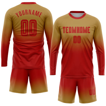 Custom Old Gold Red Sublimation Long Sleeve Fade Fashion Soccer Uniform Jersey