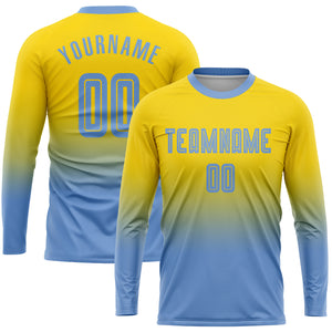 Custom Gold Light Blue Sublimation Long Sleeve Fade Fashion Soccer Uniform Jersey