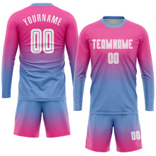 Load image into Gallery viewer, Custom Pink White-Light Blue Sublimation Long Sleeve Fade Fashion Soccer Uniform Jersey
