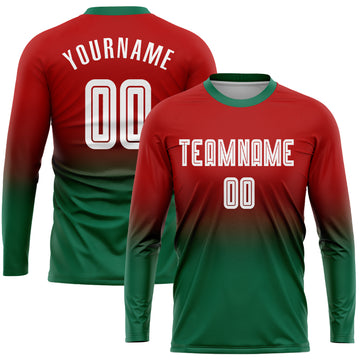 Custom Red White-Kelly Green Sublimation Long Sleeve Fade Fashion Soccer Uniform Jersey