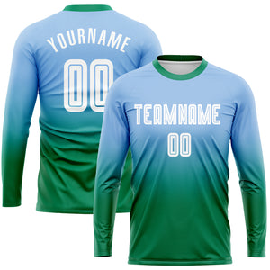 Custom Light Blue White-Kelly Green Sublimation Long Sleeve Fade Fashion Soccer Uniform Jersey