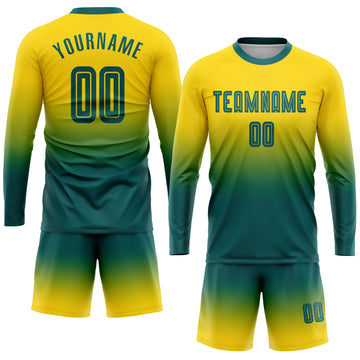 Custom Gold Aqua Sublimation Long Sleeve Fade Fashion Soccer Uniform Jersey