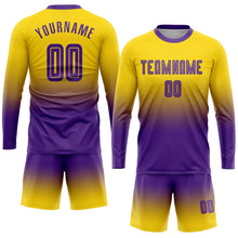 Load image into Gallery viewer, Custom Gold Purple Sublimation Long Sleeve Fade Fashion Soccer Uniform Jersey
