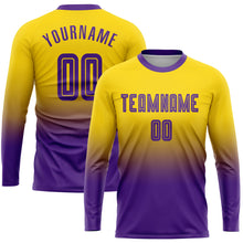 Load image into Gallery viewer, Custom Gold Purple Sublimation Long Sleeve Fade Fashion Soccer Uniform Jersey

