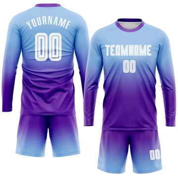 Custom Light Blue White-Purple Sublimation Long Sleeve Fade Fashion Soccer Uniform Jersey
