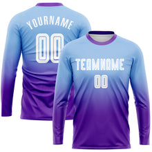 Load image into Gallery viewer, Custom Light Blue White-Purple Sublimation Long Sleeve Fade Fashion Soccer Uniform Jersey

