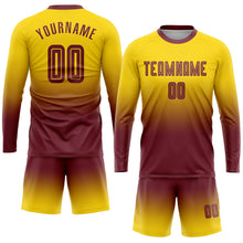 Load image into Gallery viewer, Custom Gold Burgundy Sublimation Long Sleeve Fade Fashion Soccer Uniform Jersey
