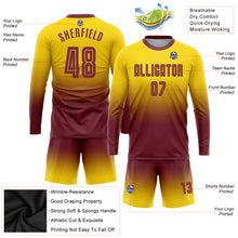 Load image into Gallery viewer, Custom Gold Burgundy Sublimation Long Sleeve Fade Fashion Soccer Uniform Jersey
