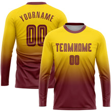 Load image into Gallery viewer, Custom Gold Burgundy Sublimation Long Sleeve Fade Fashion Soccer Uniform Jersey
