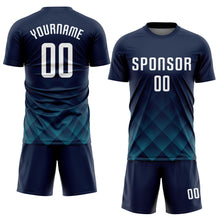 Load image into Gallery viewer, Custom Navy White-Teal Sublimation Soccer Uniform Jersey
