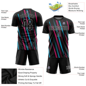 Custom Black Black Light Blue-Pink Sublimation Soccer Uniform Jersey