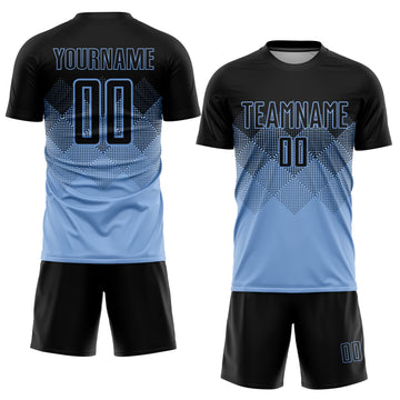Custom Light Blue Black Sublimation Soccer Uniform Jersey