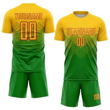 Custom Grass Green Gold-Red Sublimation Soccer Uniform Jersey