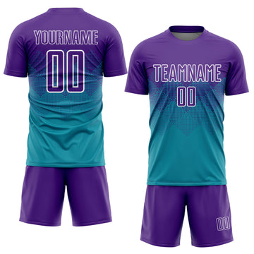 Custom Teal Purple-White Sublimation Soccer Uniform Jersey