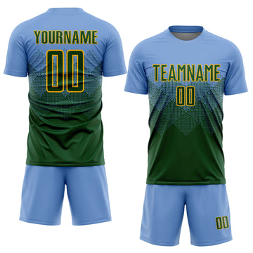 Custom Light Blue Green-Gold Sublimation Soccer Uniform Jersey