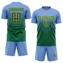 Load image into Gallery viewer, Custom Light Blue Kelly Green-Gold Sublimation Soccer Uniform Jersey
